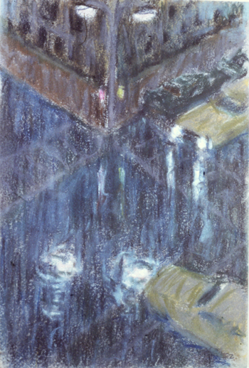 A pastel of Park Avenue, New York, New York on a rainy night