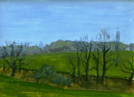 In this watercolor the dome of London's St Pauls is scene in the distance.