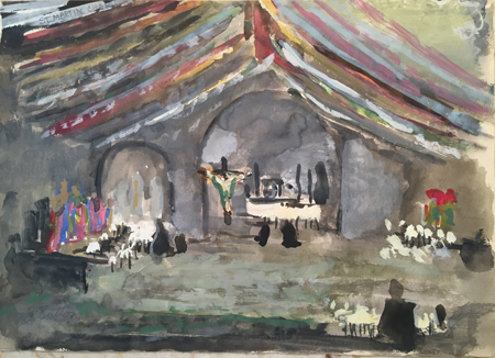 Watercolor of a Christian church Chanula Chiapas Mexico by the artist John Button